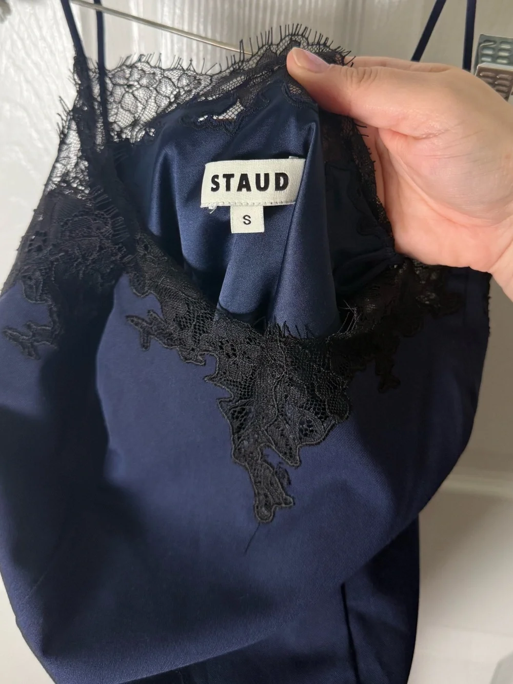 Staud Nadia Lace Trim Midi Dress in Navy S